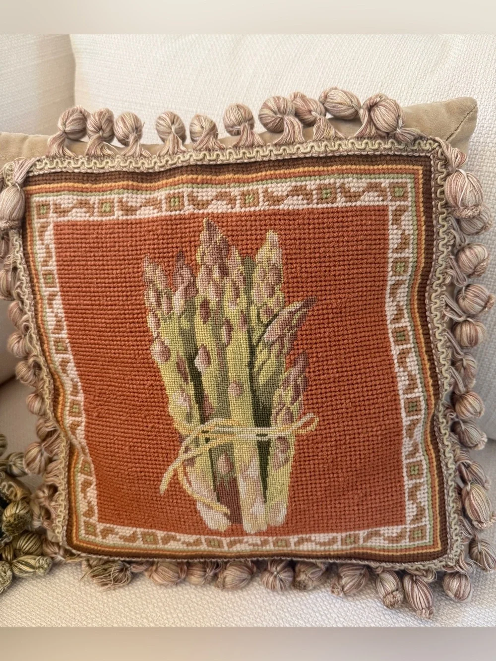 Pair Needlepoint Botanical Pillows Velvet Back Down Inserts with Tassel Trim